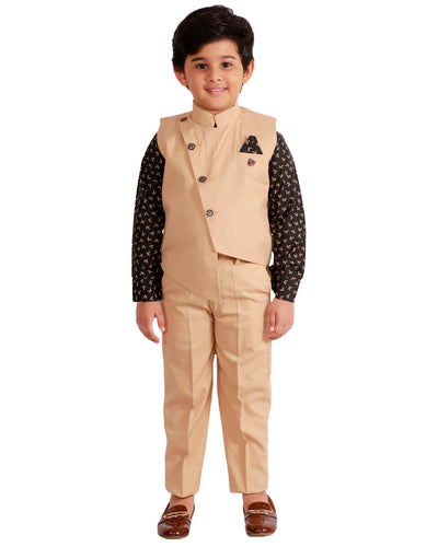 Boys Cotton Blend Printed Shirt With Solid Waistcoat & Trouser Set