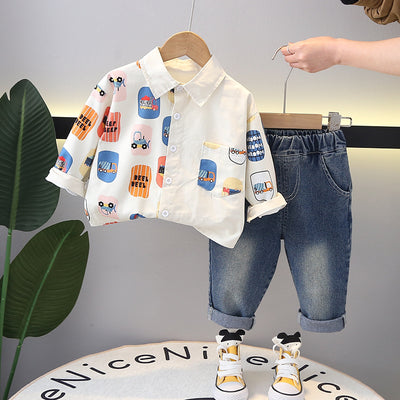 Boys Full Sleeves Printed Stylish Shirt With Denim Set