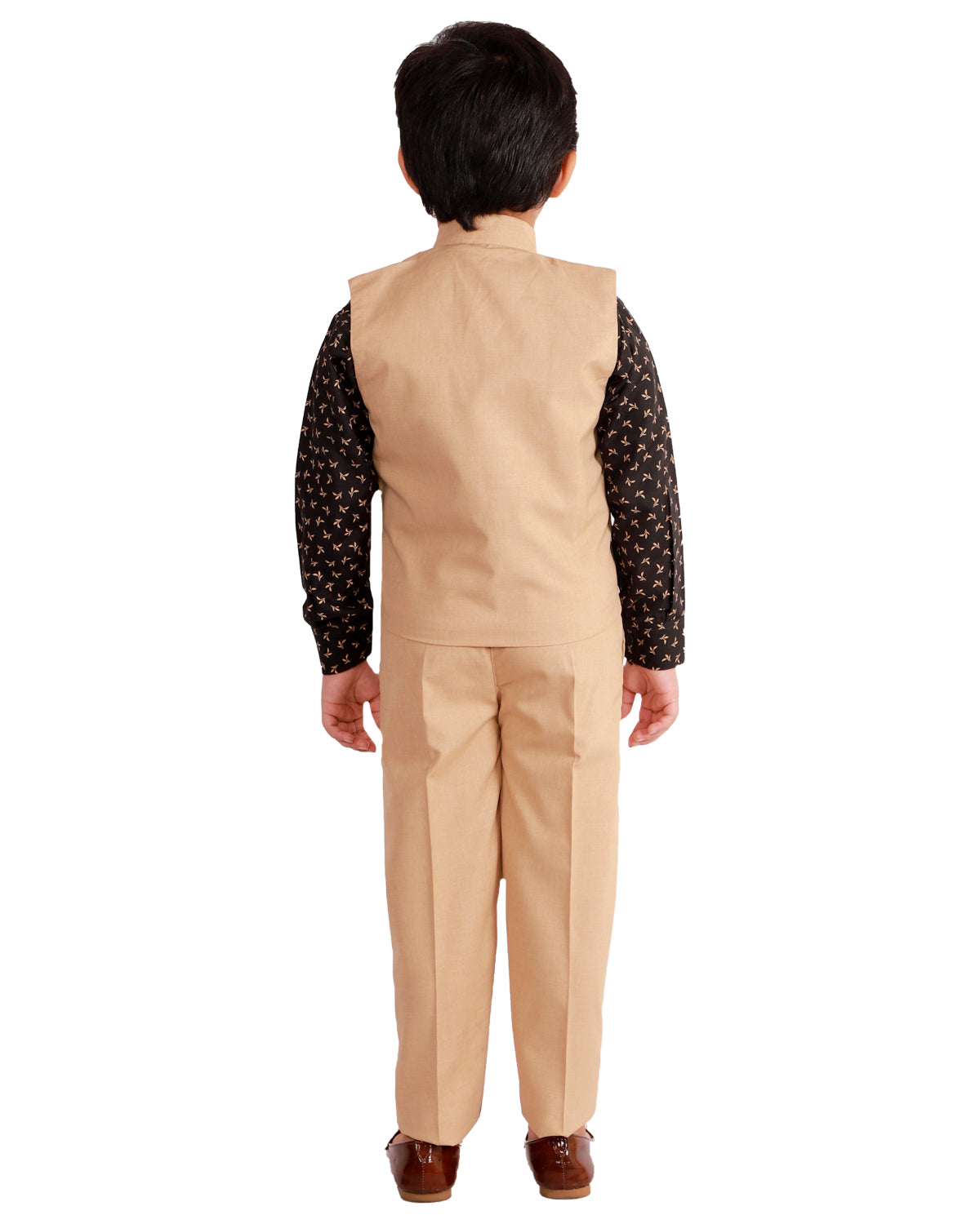 Boys Cotton Blend Printed Shirt With Solid Waistcoat & Trouser Set