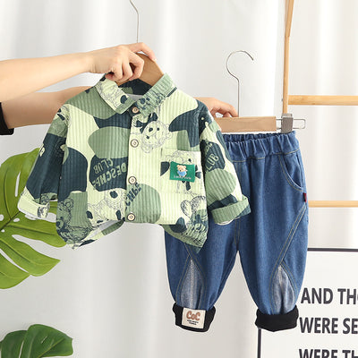 Boys Full Sleeves Printed Shirt With Denim Set