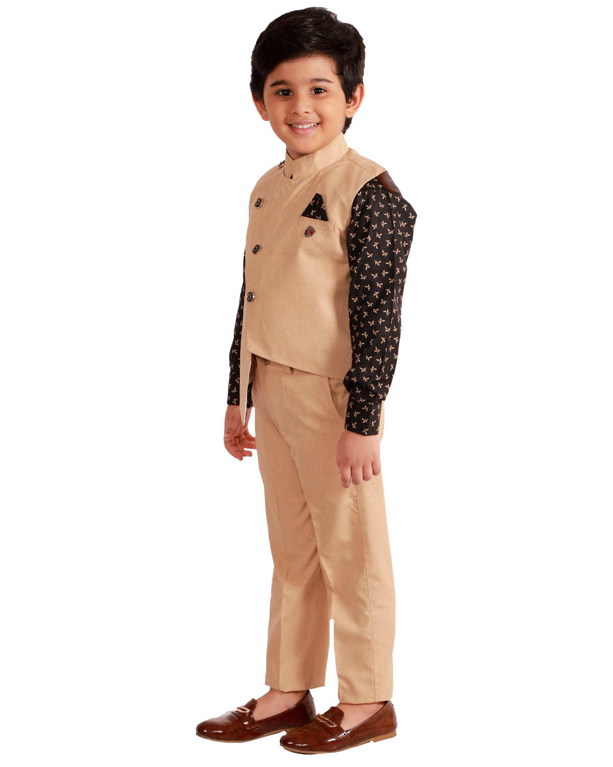 Boys Cotton Blend Printed Shirt With Solid Waistcoat & Trouser Set