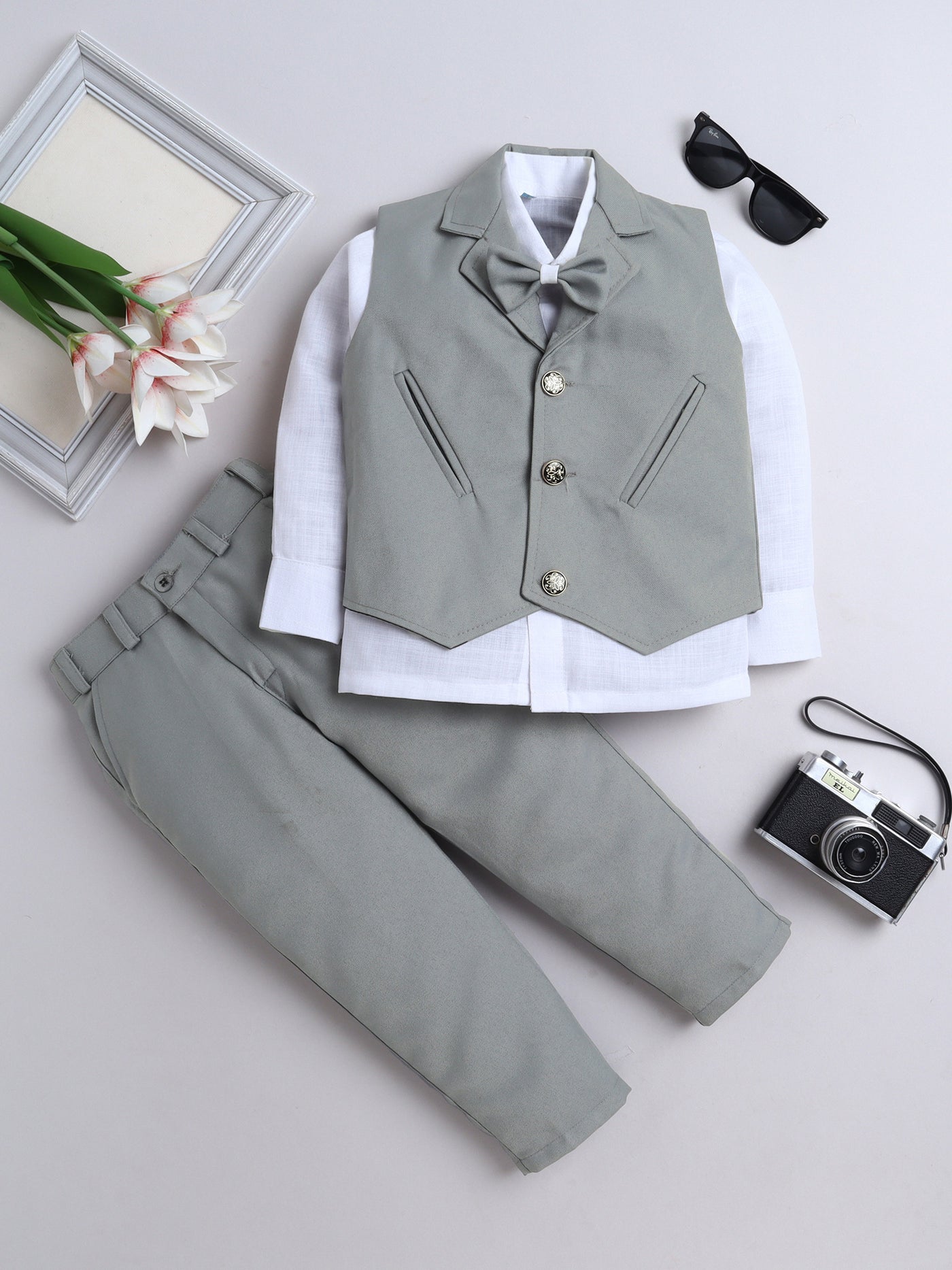 Fourfolds Boy 3-Piece Set Featuring  Shirt, Waistcoat with Bow , and Matching Trouser