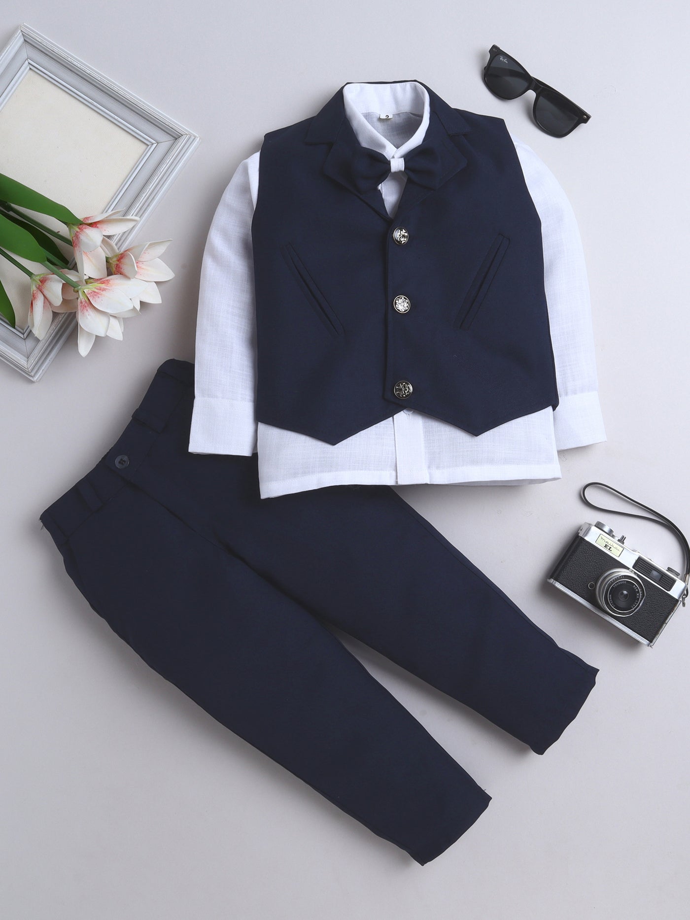 Fourfolds Boy 3-Piece Set Featuring  Shirt, Waistcoat with Bow , and Matching Trouser
