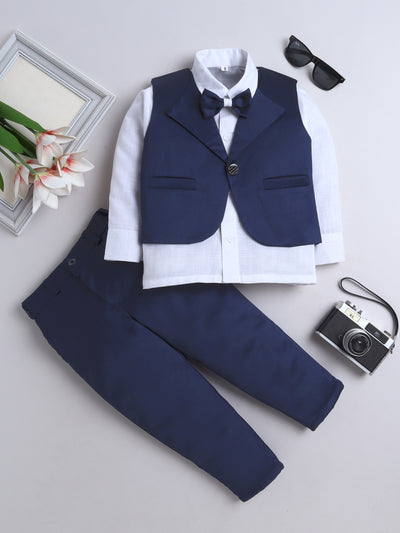 Fourfolds Boys' 3-Piece  Set with Shirt, Waistcoat, Bow , and Slim Fit Trouser Perfect for Weddings, Parties, and Special Occasions