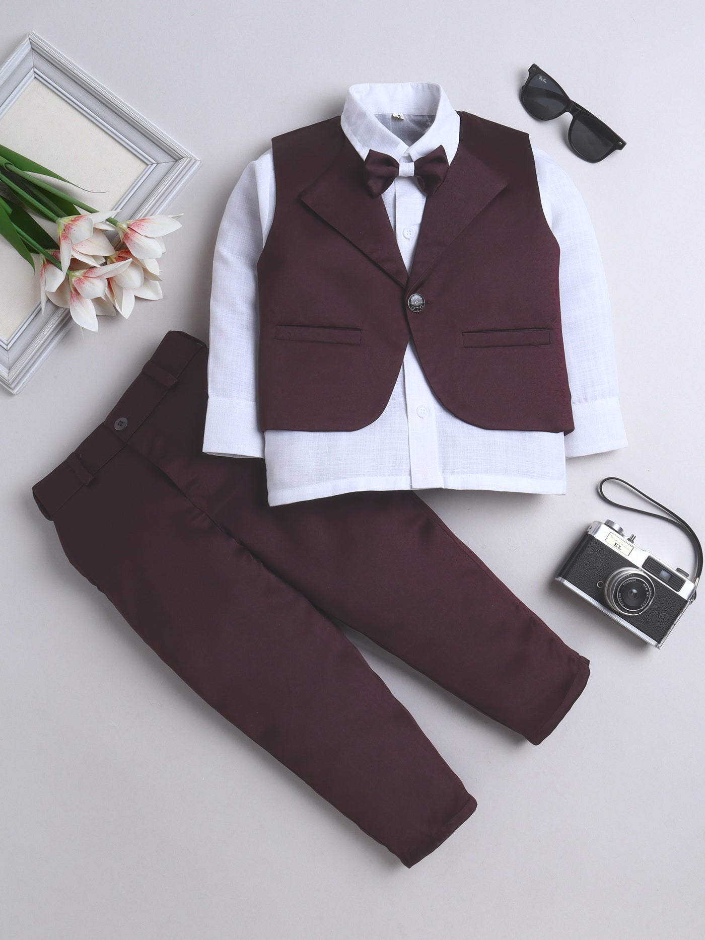 Fourfolds Boys' 3-Piece  Set with Shirt, Waistcoat, Bow , and Slim Fit Trouser Perfect for Weddings, Parties, and Special Occasions