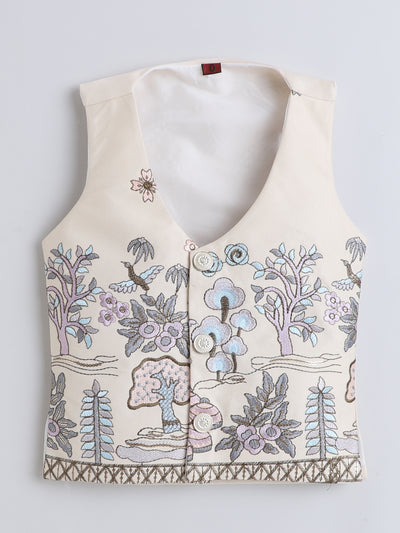 Boys Cotton Blend Embroidered 3 Piece Suit Set With Bow