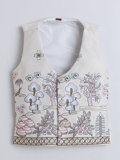 Boys Cotton Blend Embroidered 3 Piece Suit Set With Bow