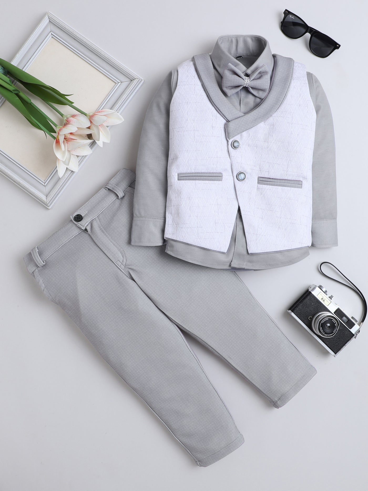 Boys Cotton Blend Geometric Pattern 3 Piece Suit Set With Bow