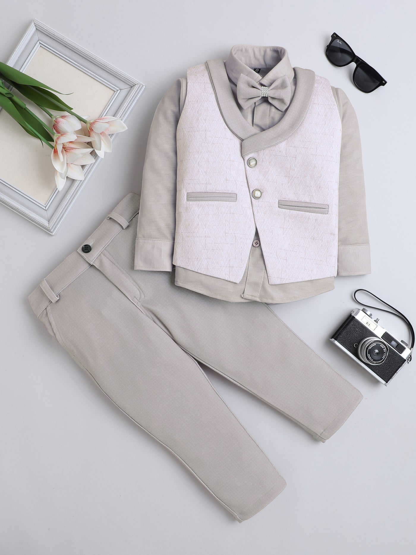 Boys Cotton Blend Geometric Pattern 3 Piece Suit Set With Bow