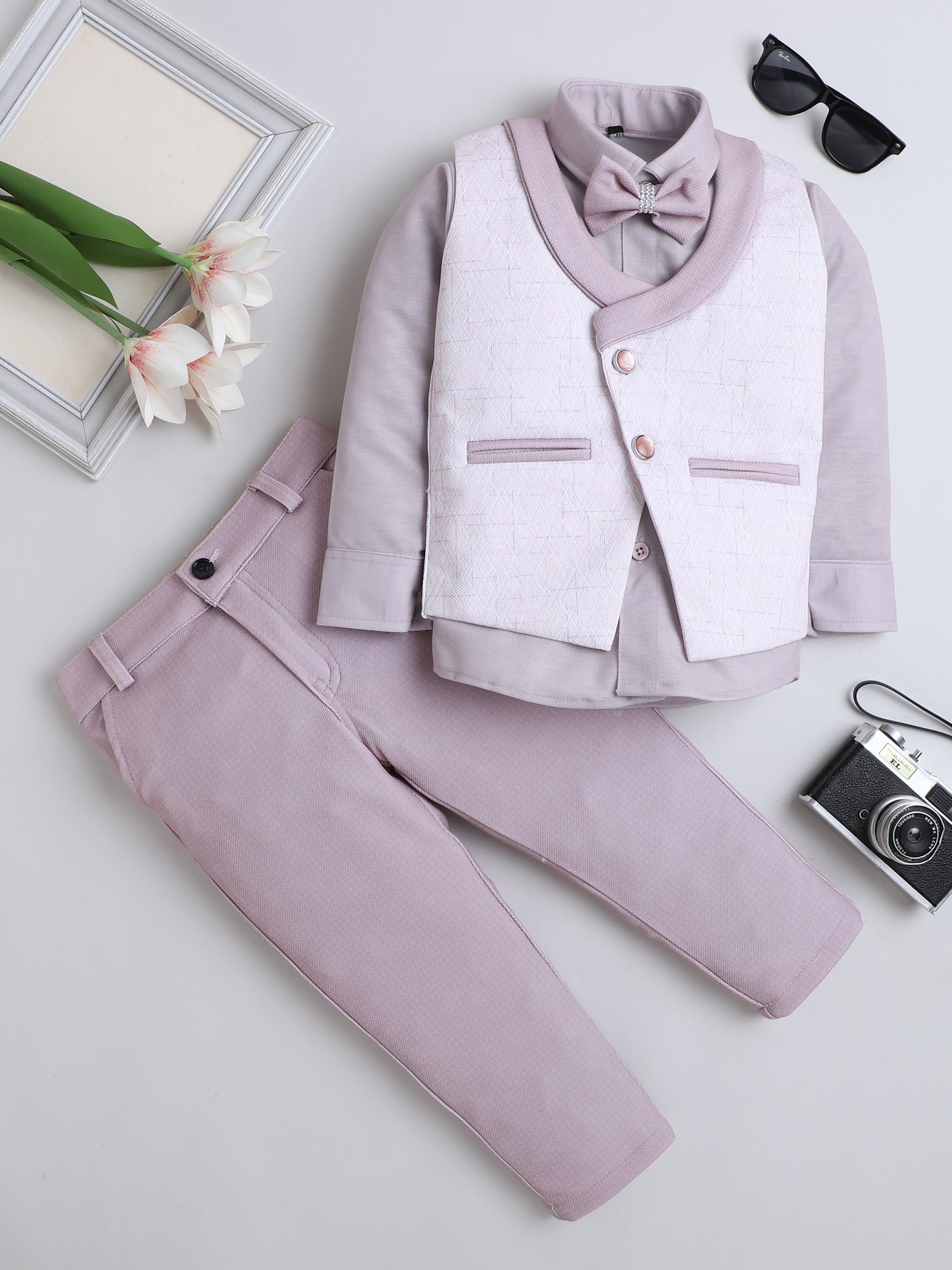 Boys Cotton Blend Geometric Pattern 3 Piece Suit Set With Bow