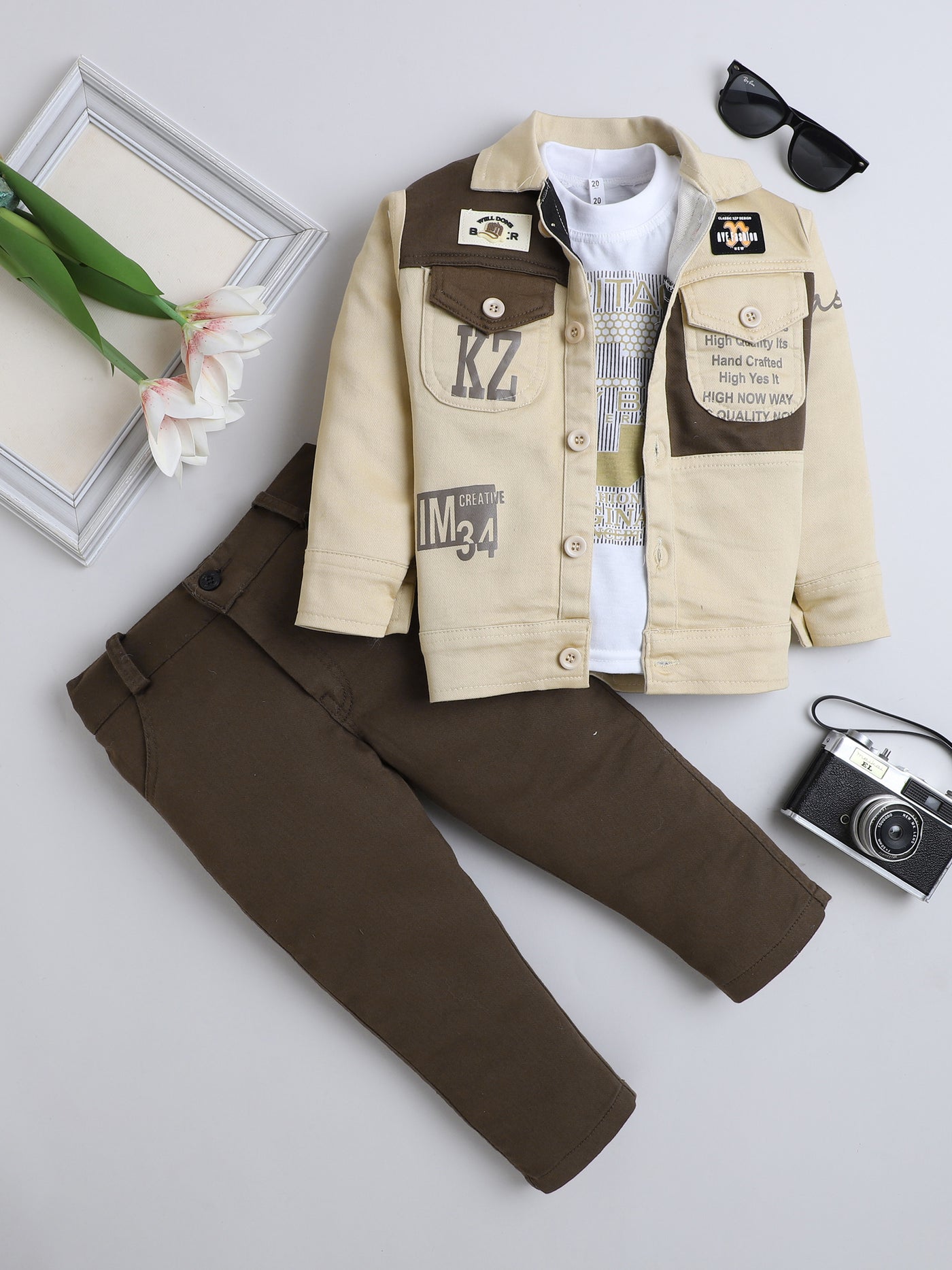 Boys Cotton Blend Color-block Graphic Print Jacket & Trouser Set With Printed T-shirt