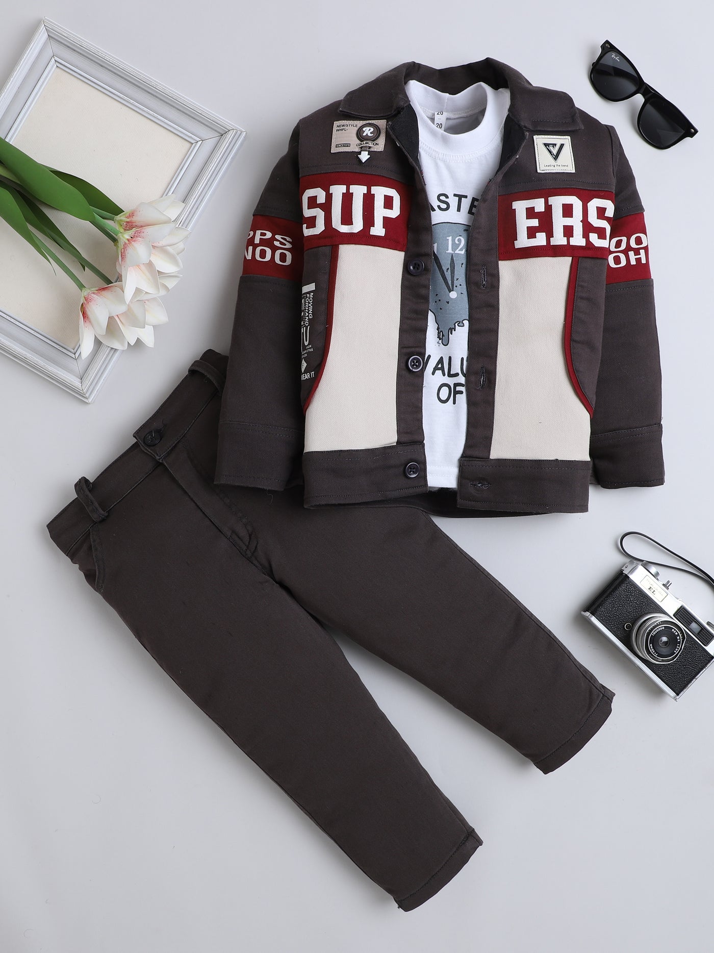 Boys Cotton Blend Color-block Graphic Print Jacket & Trouser Set With Printed T-shirt
