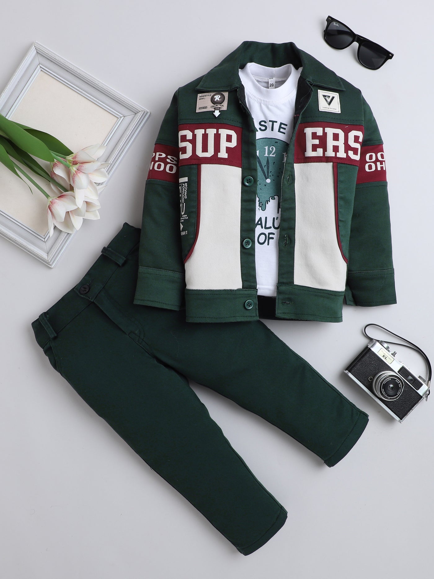 Boys Cotton Blend Color-block Graphic Print Jacket & Trouser Set With Printed T-shirt