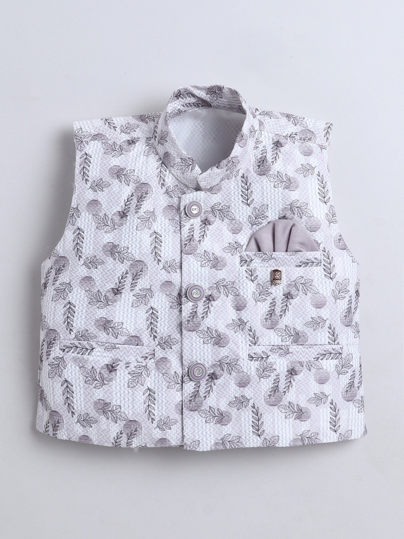 Boys Leaf Printed Mandarin Collar 3 Piece Suit Set