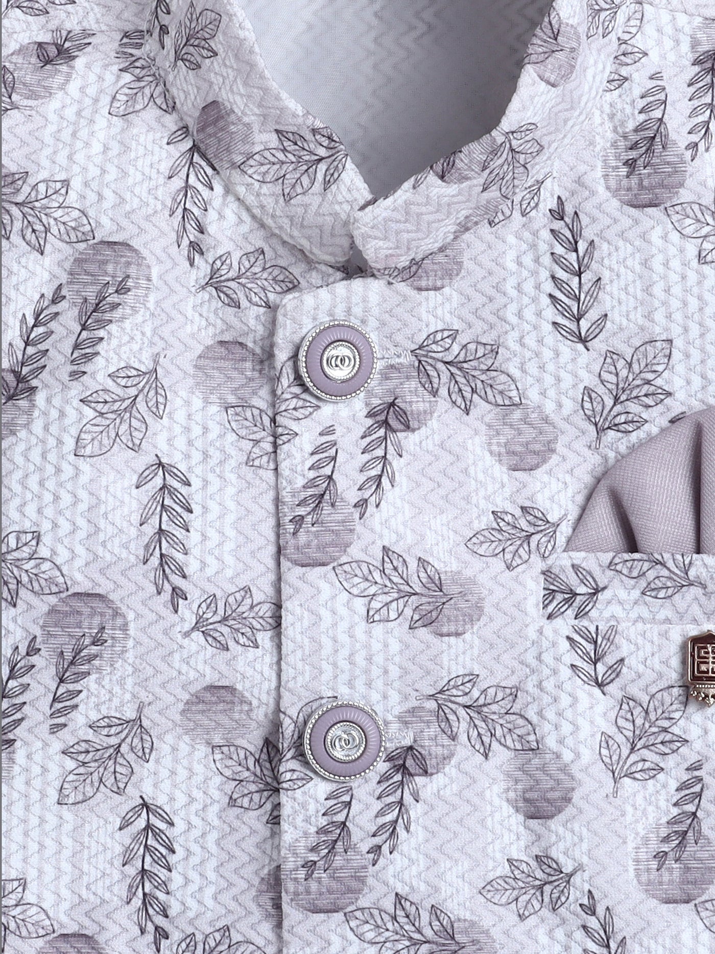 Boys Leaf Printed Mandarin Collar 3 Piece Suit Set