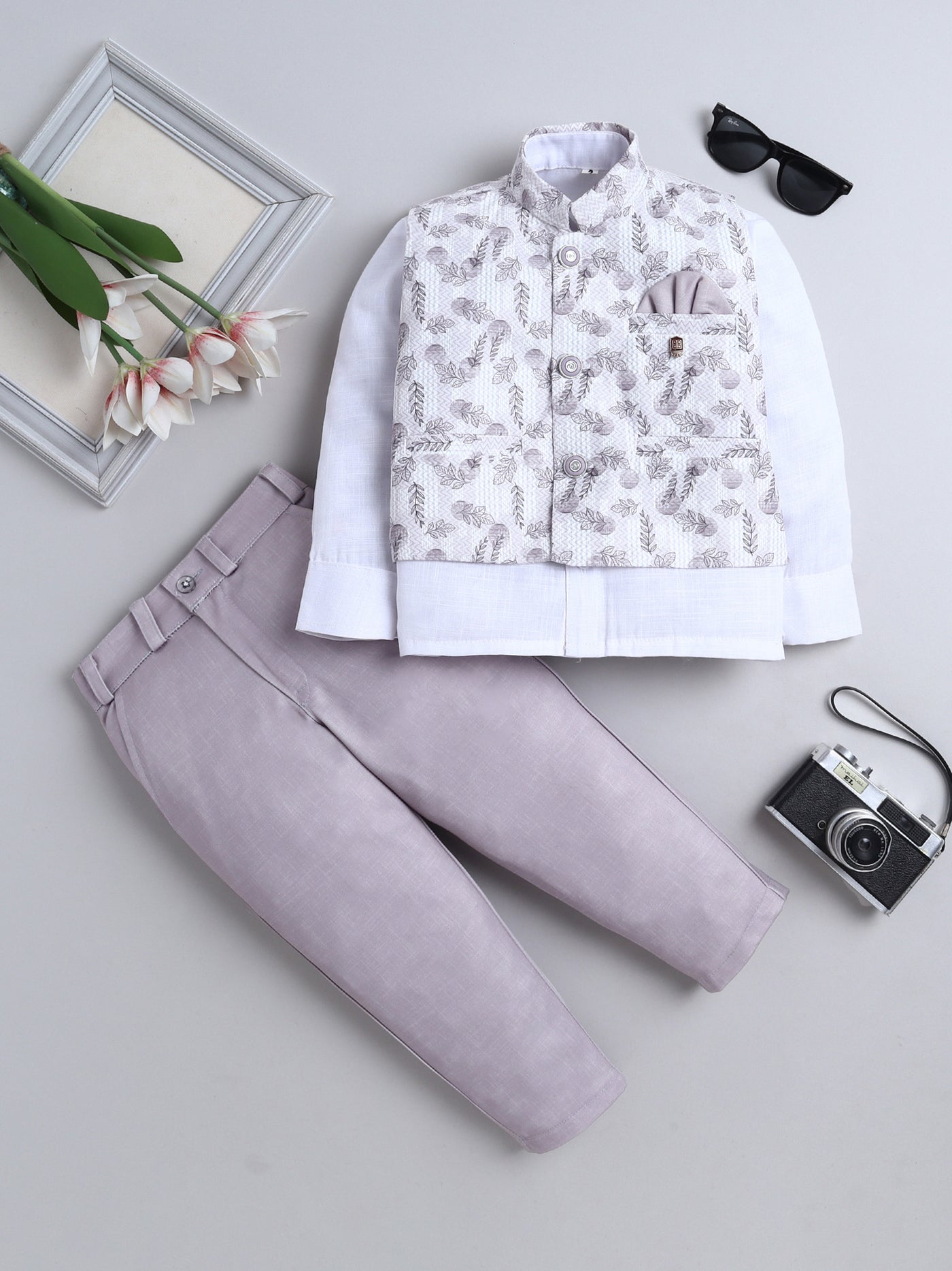 Boys Leaf Printed Mandarin Collar 3 Piece Suit Set