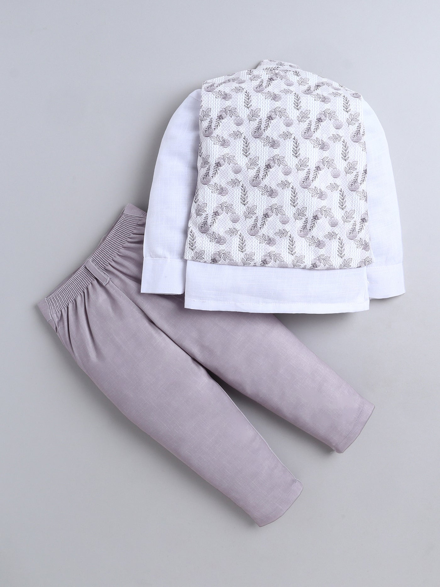 Boys Leaf Printed Mandarin Collar 3 Piece Suit Set