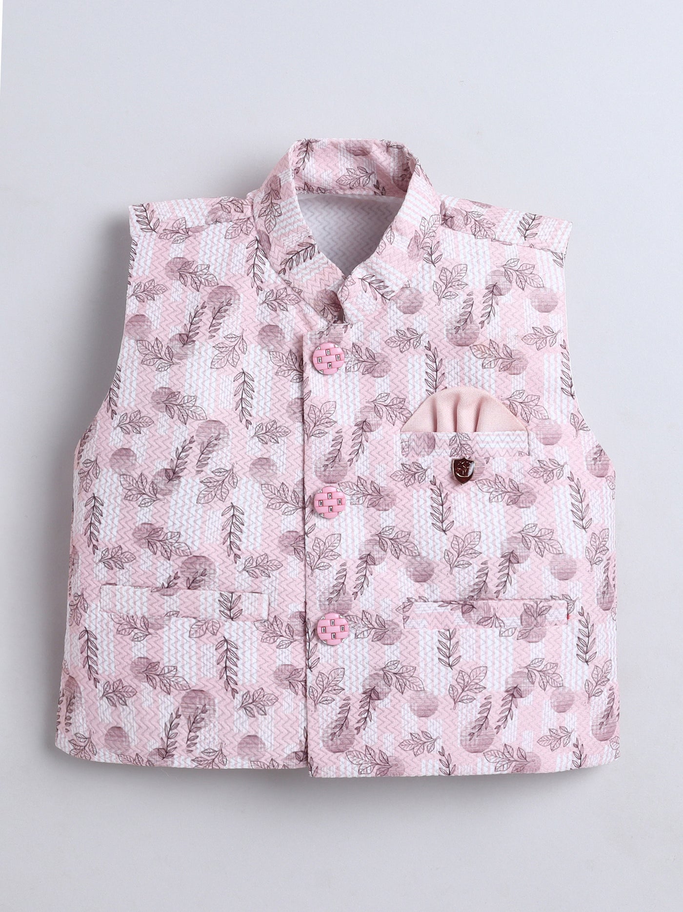 Boys Leaf Printed Mandarin Collar 3 Piece Suit Set