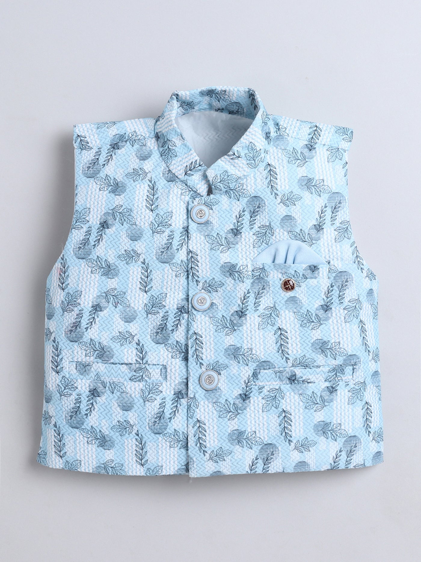 Boys Leaf Printed Mandarin Collar 3 Piece Suit Set