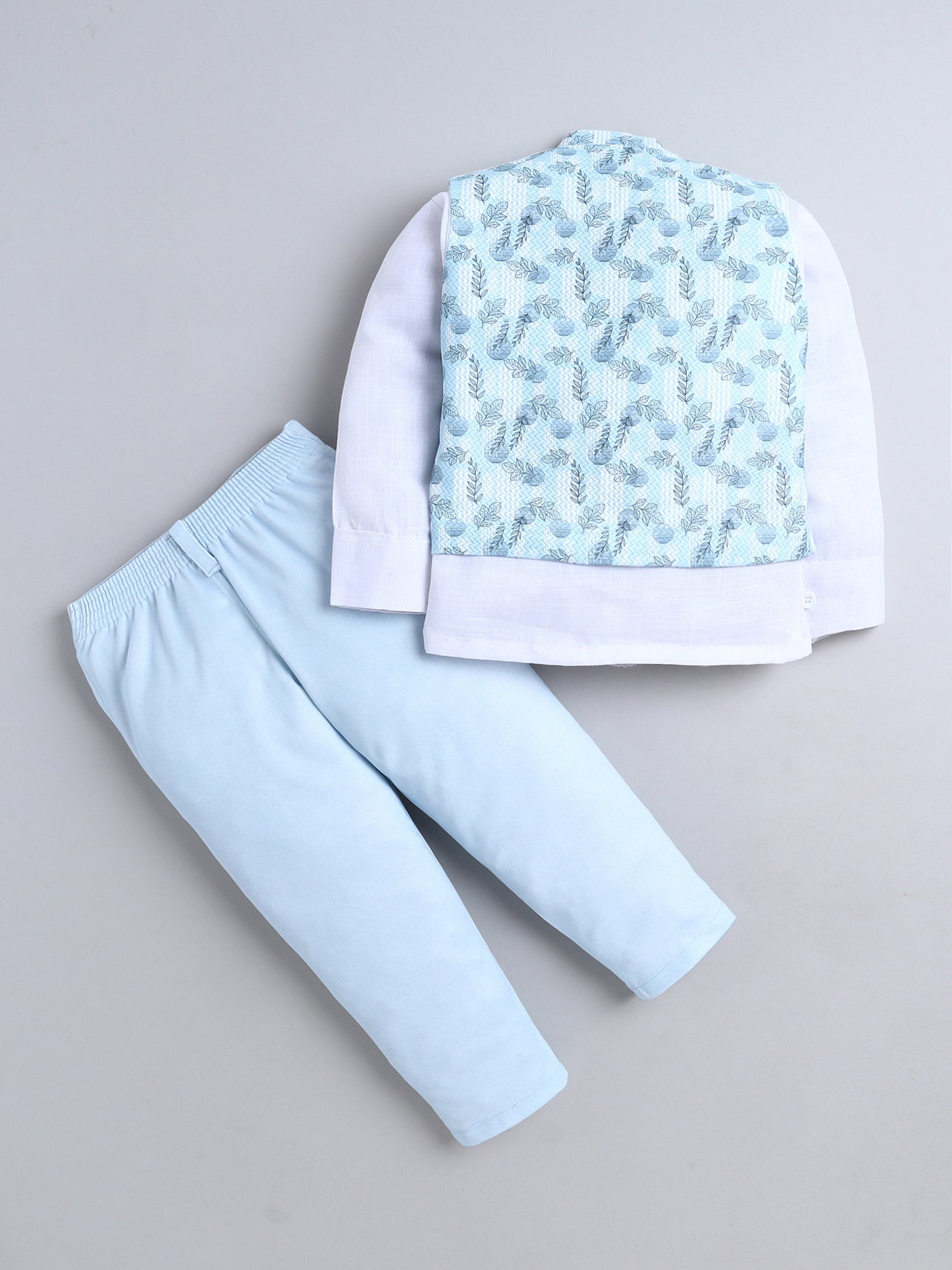 Boys Leaf Printed Mandarin Collar 3 Piece Suit Set