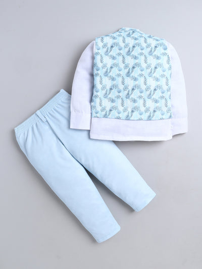 Boys Leaf Printed Mandarin Collar 3 Piece Suit Set