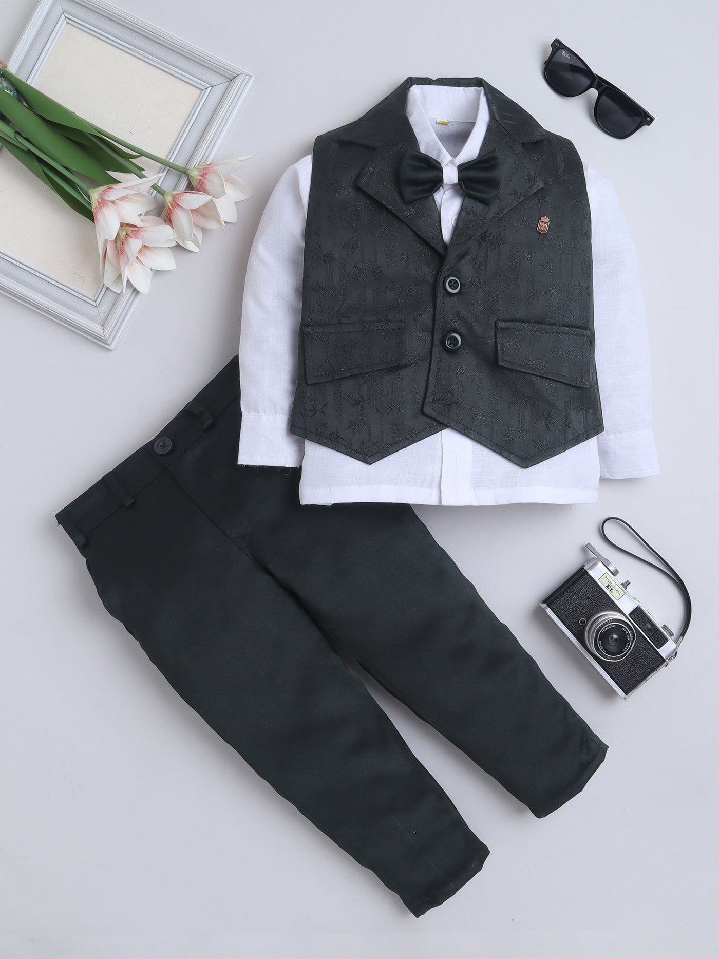 Boys Leaf Motifs 3 Piece Suit Set With Bow