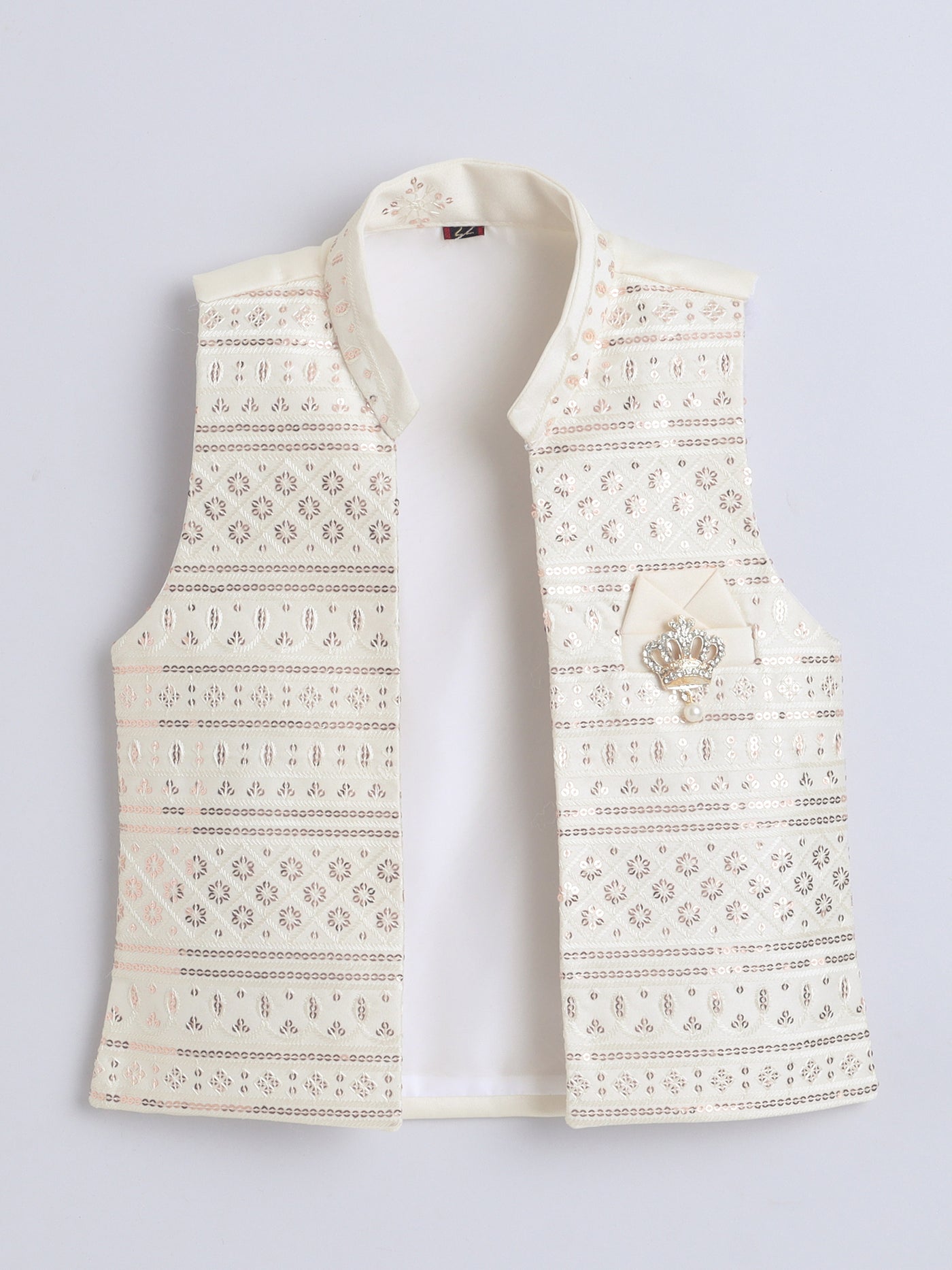 Boys Sequined Embroidered Sherwani & Trouser Set With Shrug