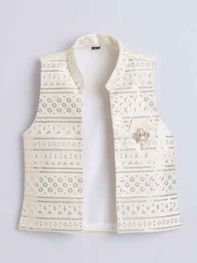 Boys Sequined Embroidered Sherwani & Trouser Set With Shrug