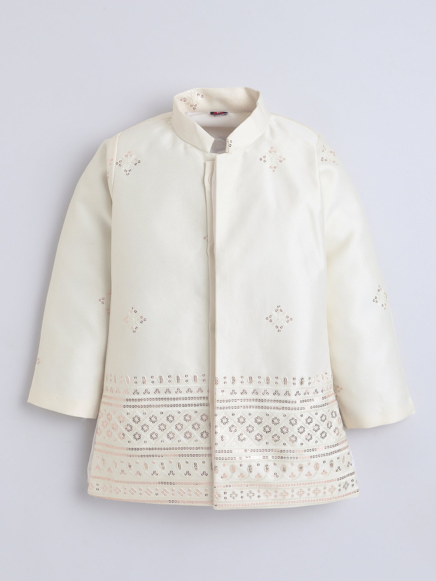 Boys Sequined Embroidered Sherwani & Trouser Set With Shrug