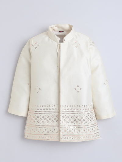 Boys Sequined Embroidered Sherwani & Trouser Set With Shrug