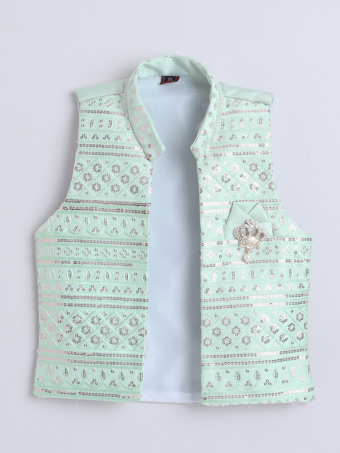 Boys Sequined Embroidered Sherwani & Trouser Set With Shrug