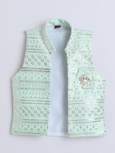 Boys Sequined Embroidered Sherwani & Trouser Set With Shrug