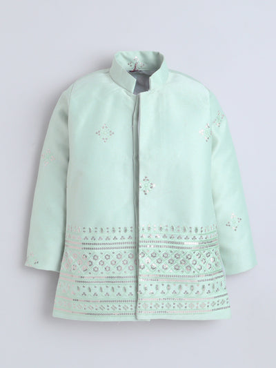 Boys Sequined Embroidered Sherwani & Trouser Set With Shrug