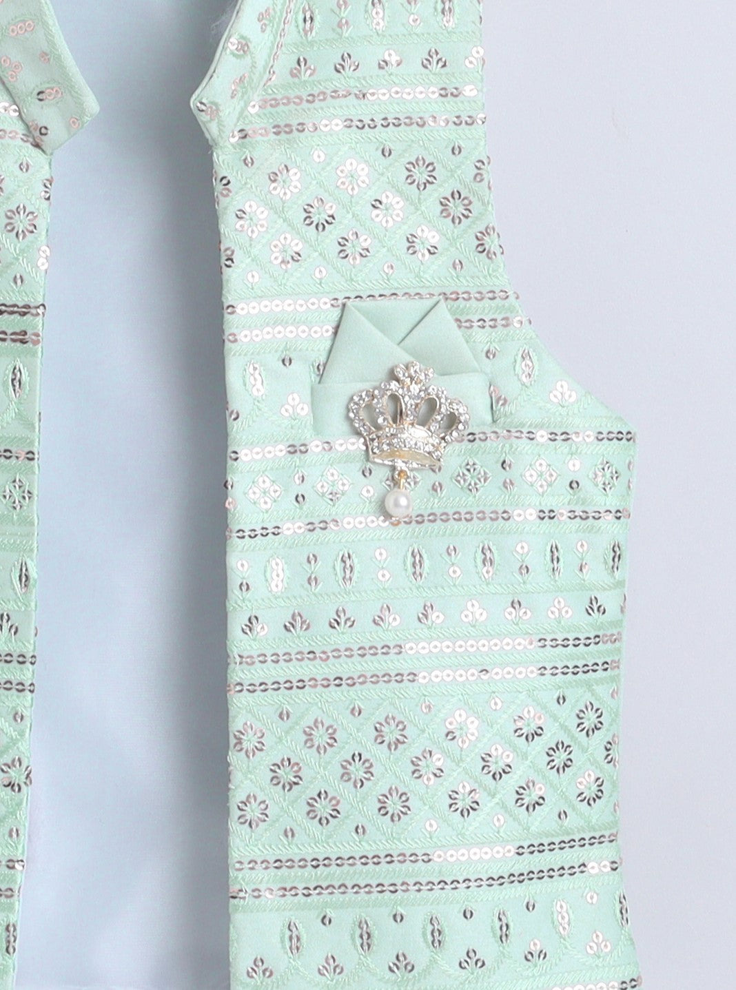 Boys Sequined Embroidered Sherwani & Trouser Set With Shrug