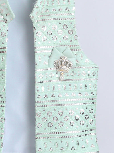 Boys Sequined Embroidered Sherwani & Trouser Set With Shrug