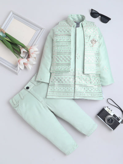 Boys Sequined Embroidered Sherwani & Trouser Set With Shrug