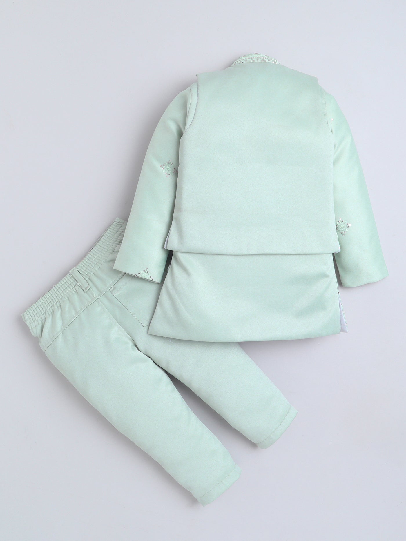 Boys Sequined Embroidered Sherwani & Trouser Set With Shrug