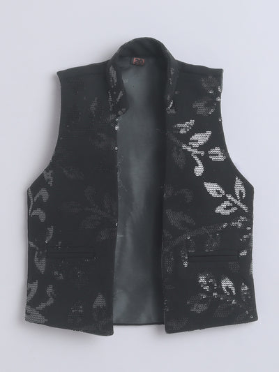 Boys Sequins Embellished Sherwani & Trouser Set With Shrug