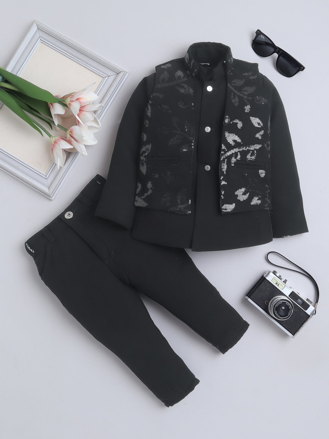 Boys Sequins Embellished Sherwani & Trouser Set With Shrug