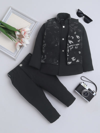 Boys Sequins Embellished Sherwani & Trouser Set With Shrug