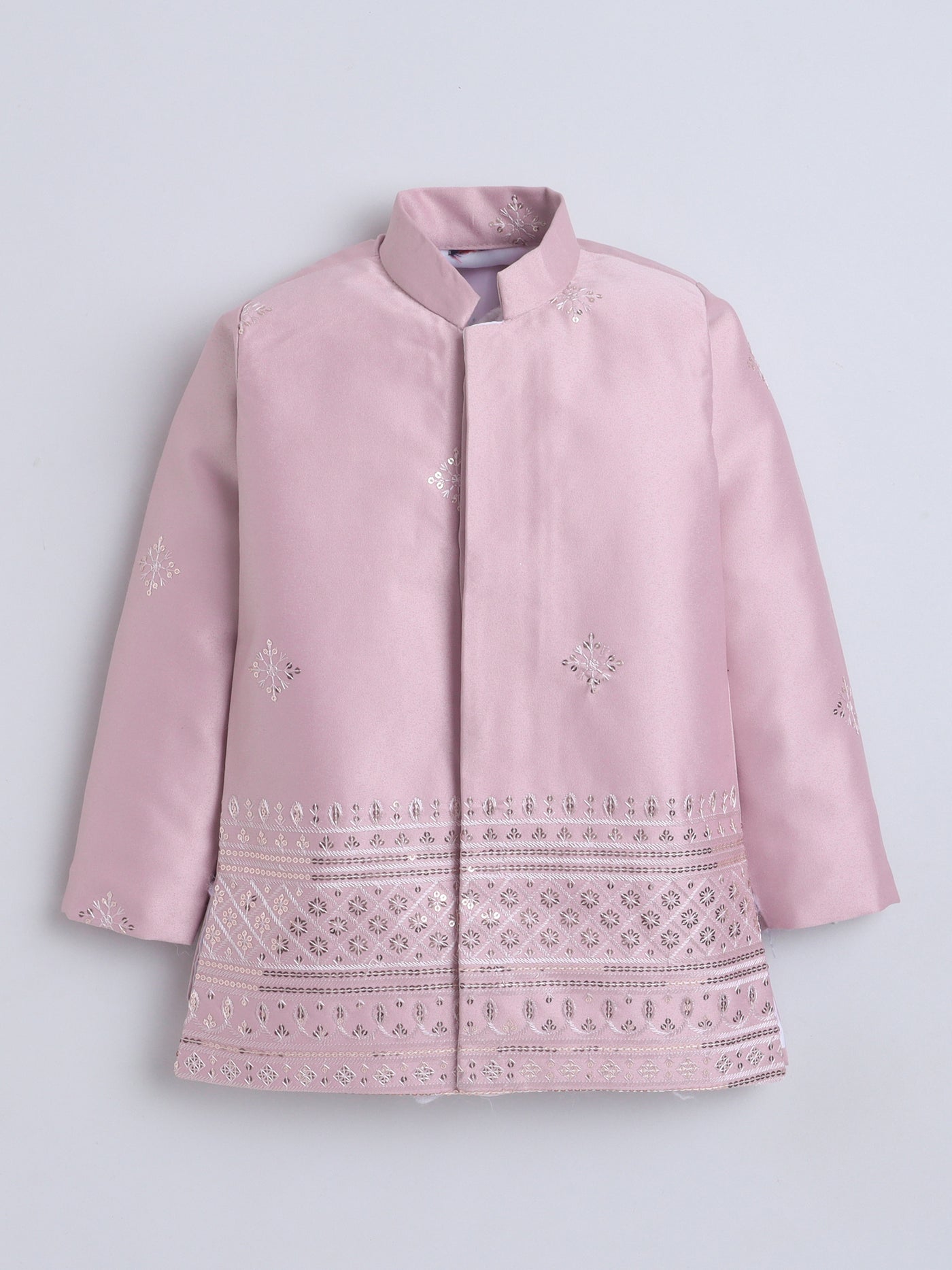 Boys Sequined Embroidered Sherwani & Trouser Set With Shrug