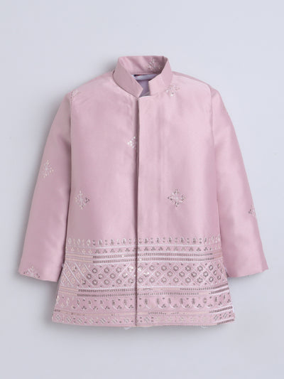 Boys Sequined Embroidered Sherwani & Trouser Set With Shrug