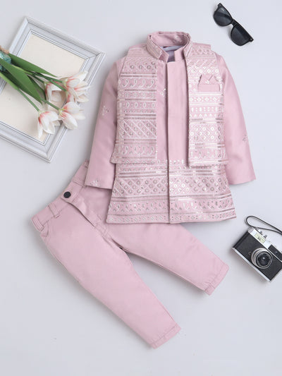 Boys Sequined Embroidered Sherwani & Trouser Set With Shrug