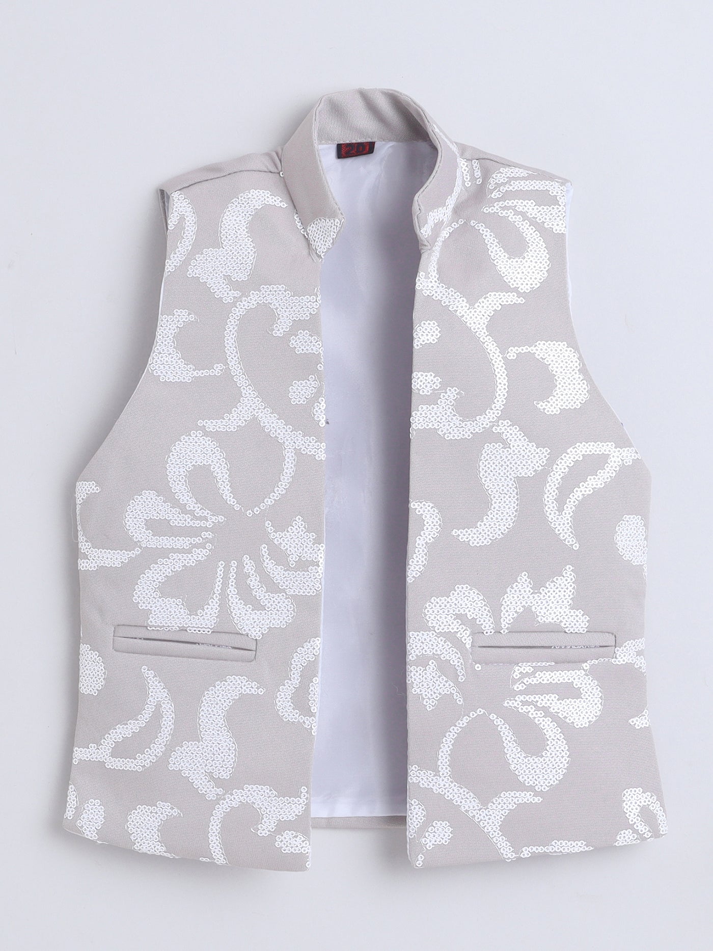 Boys Sequins Embellished Sherwani & Trouser Set With Shrug