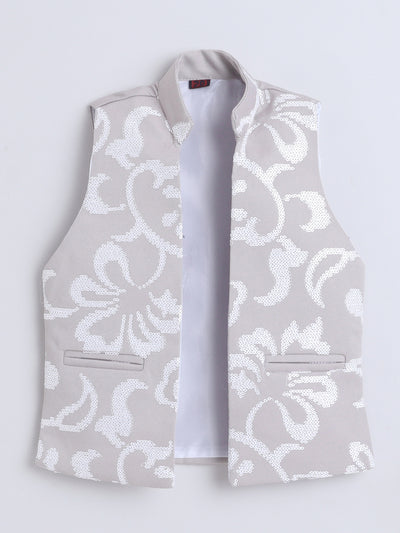 Boys Sequins Embellished Sherwani & Trouser Set With Shrug