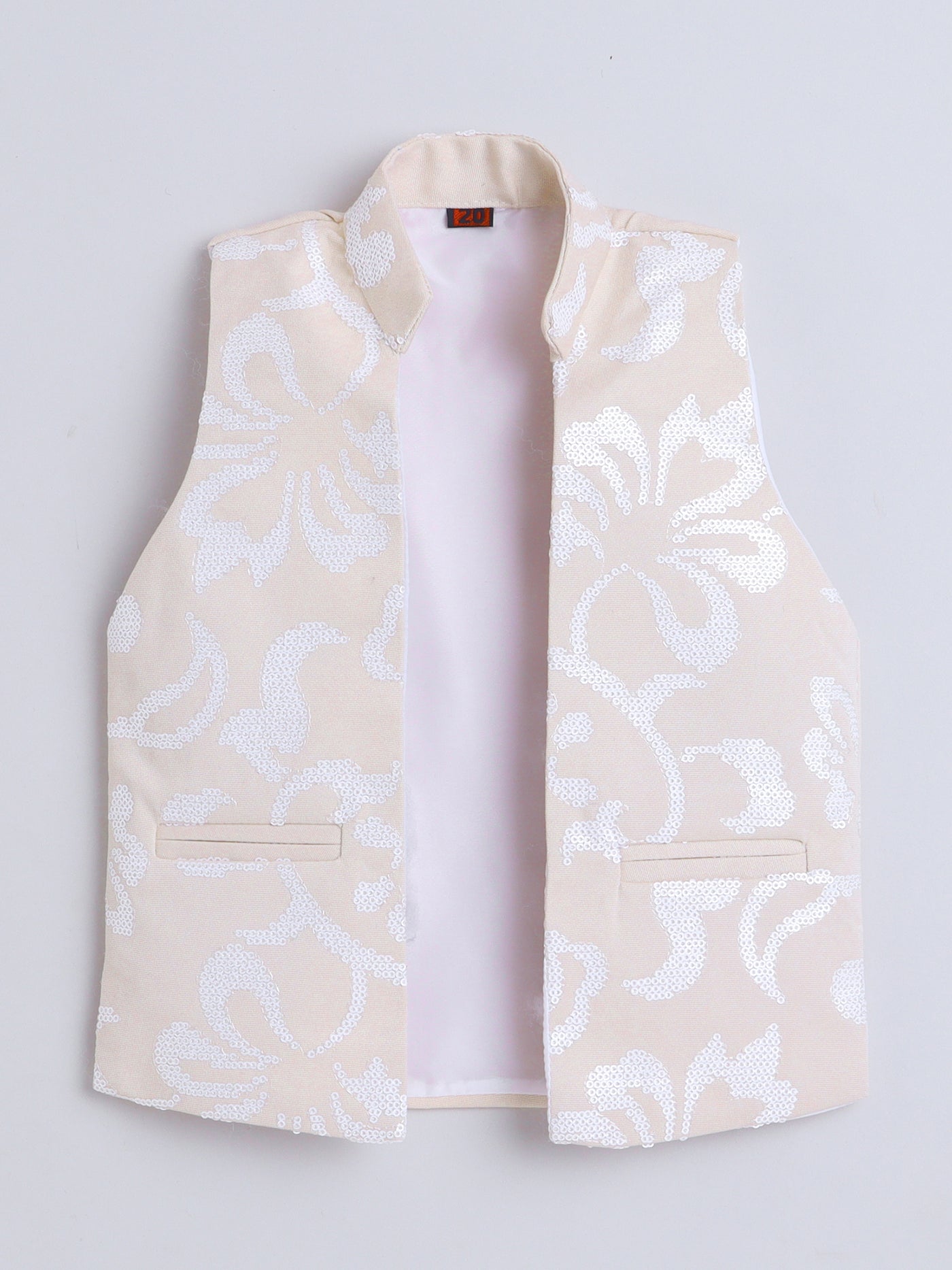 Boys Sequins Embellished Sherwani & Trouser Set With Shrug