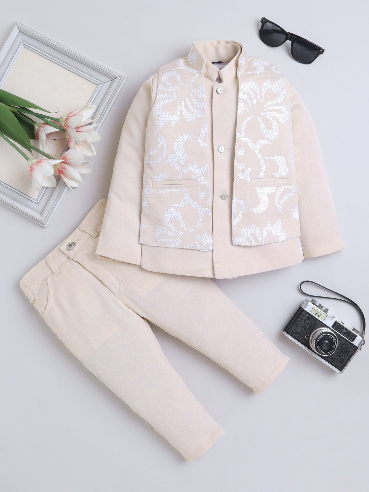 Boys Sequins Embellished Sherwani & Trouser Set With Shrug