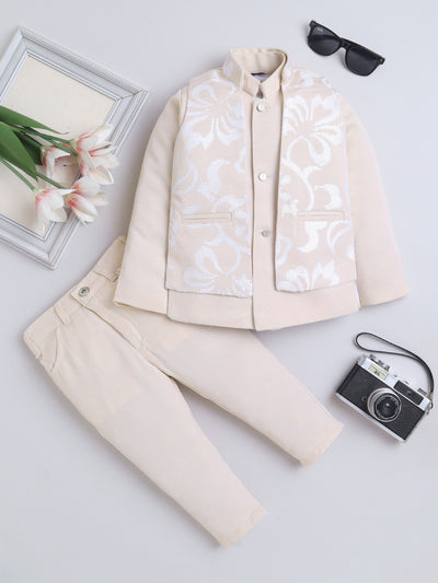 Boys Sequins Embellished Sherwani & Trouser Set With Shrug