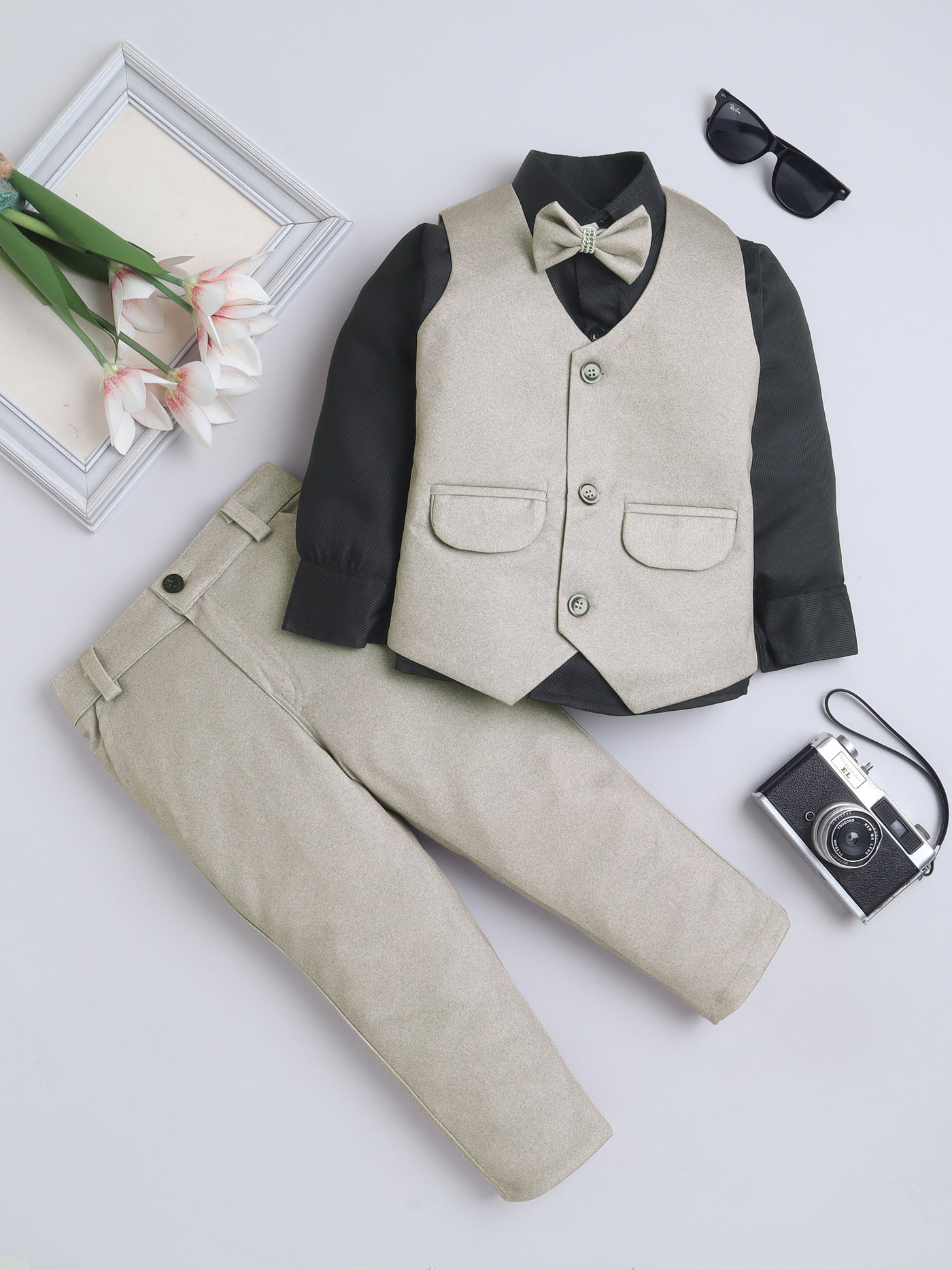 Boys Solid 3 Piece Suit Set With Bow