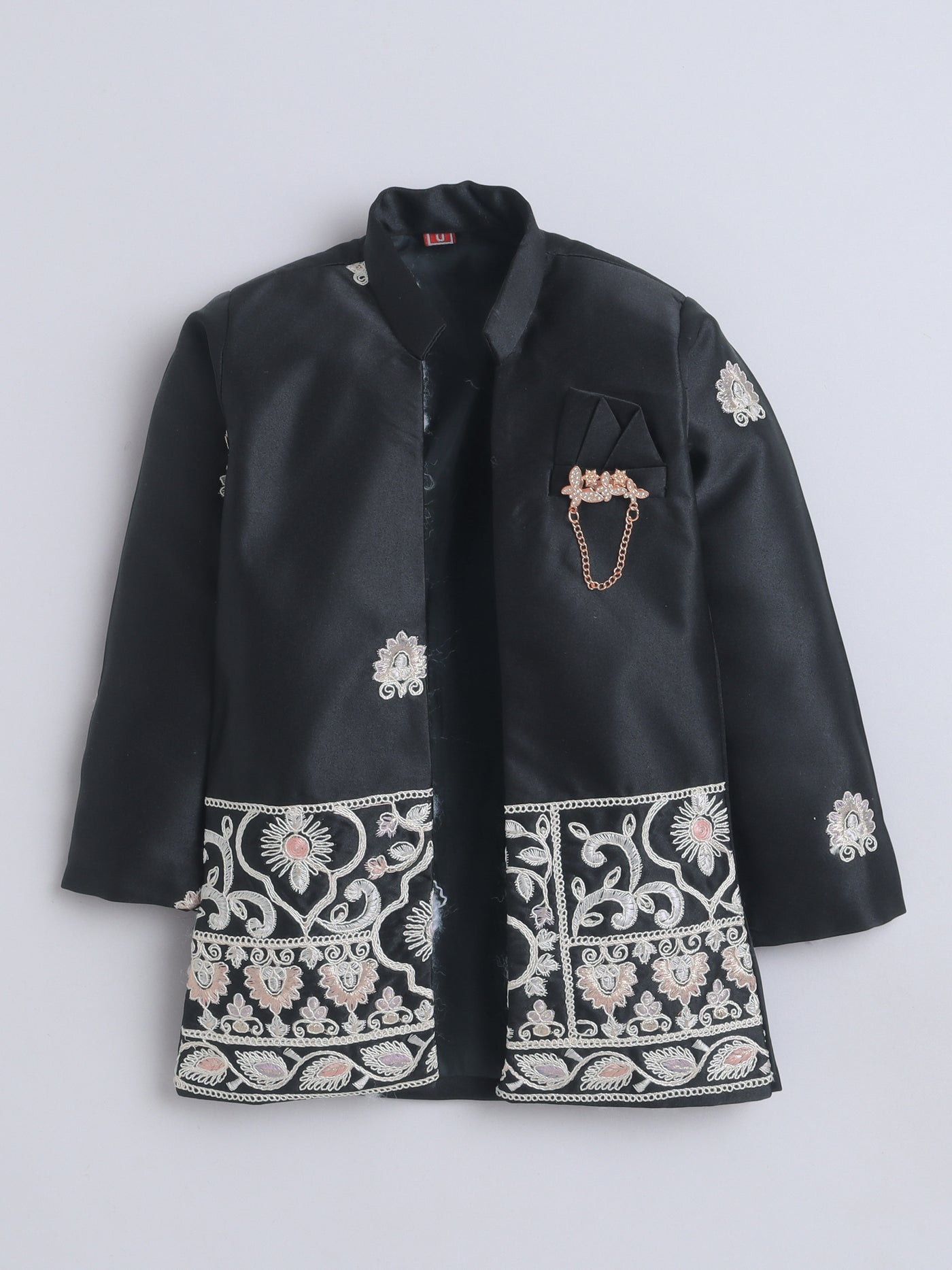 Boys Embroidered Sherwani & Trouser Set With Shrug